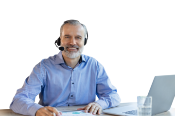 Smiling friendly handsome middle aged male call centre operator on a transparent background