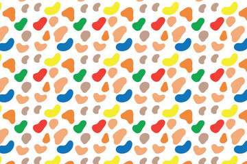 This image displays a cheerful, abstract pattern of colorful, irregular shapes scattered across a white background. The blob-like forms resemble colorful pebbles or candies and repeat across the surfa