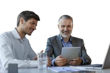 Mature businessman using a digital tablet to discuss information with a younger colleague on a transparent background