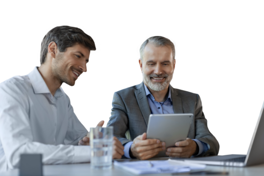 Mature businessman using a digital tablet to discuss information with a younger colleague on a transparent background - Powered by Adobe