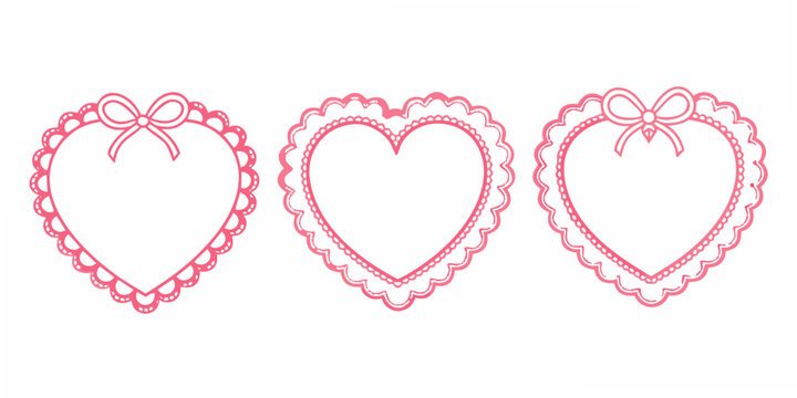 Three delicate pink heart outlines with lace detailing and ribbon bows