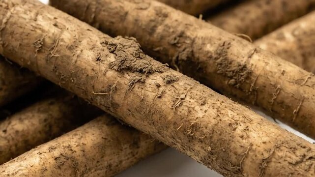 A close-up, detailed shot captures several long, slender, earthy root vegetables arranged together. Their rugged, textured brown skin is prominently featured, still showing subtle remnants of soil, hi