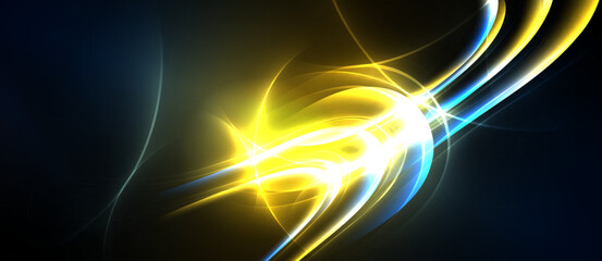 Bright energy flows, vibrant yellow hues dominate. Blue accents create dynamic contrast, abstract light patterns emerge. Smooth curves suggest movement.