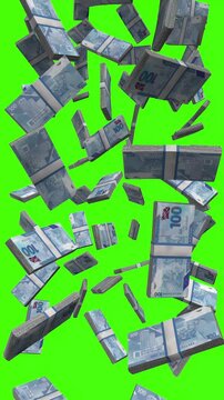 Vertical Trinidad and Tobago Dollar bills falling on chromakey, TTD cash rain