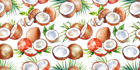 watercolor coconut fruit seamless pattern, whole and halved hand drawn illustration wallpaper background