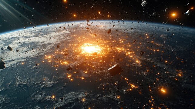 Image showing numerous pieces of orbital debris surrounding earth, highlighting the issue of space junk and its impact on space operations