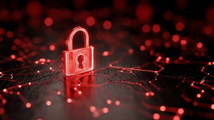 Neon red padlock hologram over dark, textured surface, representing network security and data protection