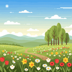 Naklejka premium Spring meadow landscape with wildflowers, trees, and rolling hills under blue sky