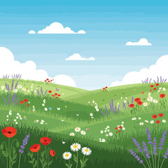 Naklejka premium Summer Meadow Landscape with Wildflowers and Butterflies
