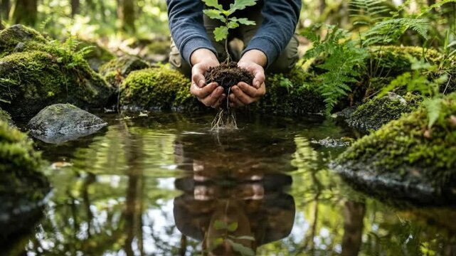 A close-up shot captures hands tenderly cradling a vibrant green sapling with rich soil above a tranquil, reflective forest pond. Surrounded by lush moss and natural light, the scene beautifully symbo