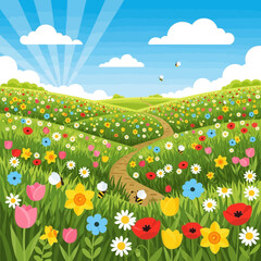 Naklejka premium Vibrant spring meadow with blooming wildflowers, path, and bees under a sunny sky