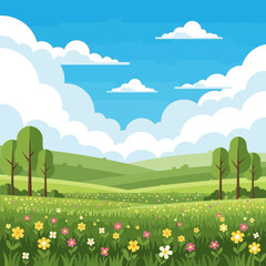 Obraz premium Vibrant spring meadow with rolling hills and fluffy clouds