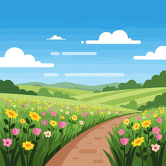Obraz premium Vibrant Spring Meadow with Winding Path and Blooming Wildflowers