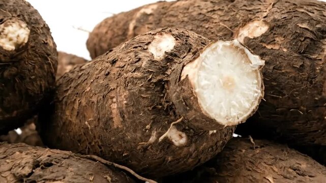 A close-up shot of a pile of freshly harvested, earthy root vegetables, possibly taro or similar tubers, arranged against a clean white background. Some of the vegetables are visibly cut, revealing th