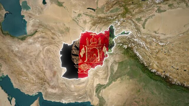 Afghanistan's flag superimposed over a satellite view of the country's terrain