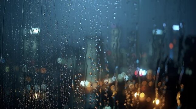 Rainy Night Window View cow cartoon Bokeh City Lights