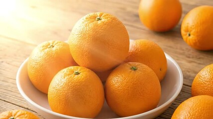 A close-up shot of vibrant, ripe citrus fruits arranged aesthetically in a pristine white bowl and scattered across a rustic wooden tabletop. The scene is bathed in a warm, inviting glow, highlighting