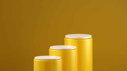 Three Amber Yellow colored cylindrical podiums are arranged in a horizontal row. The steps of the...