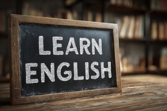 Chalkboard with "Learn English" Text in Classroom Setting