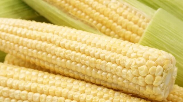 A close-up shot reveals a vibrant display of fresh, raw corn on the cob, showcasing its bright yellow kernels nestled against delicate pale green husks. The crisp texture and natural luminosity of the