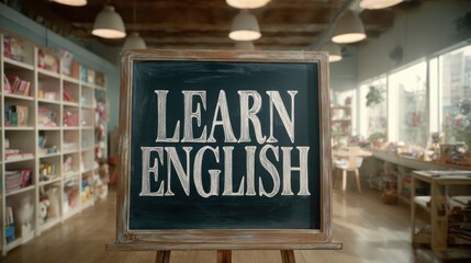 Chalkboard with "Learn English" in Bright Classroom Setting