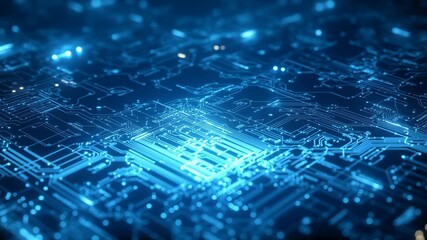 A futuristic technology background of a glowing blue circuit board with data signals flowing from the CPU. Perfect for creating high-tech, corporate, or sci-fi videos - Powered by Adobe