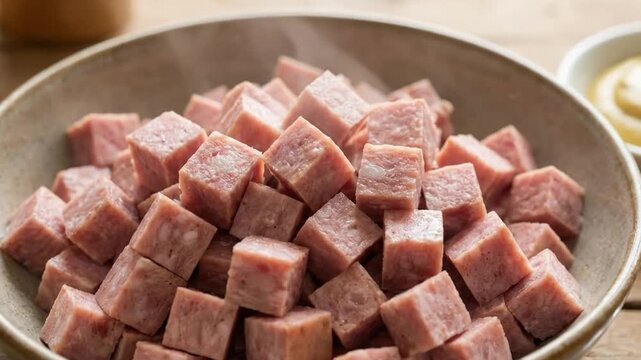 A close-up shot showcases a generous portion of uniformly diced, cooked processed meat, resembling classic luncheon meat or cubed ham, filling a rustic ceramic bowl. The small, neat cubes exhibit a co
