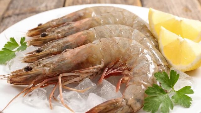 A close-up shot showcases a pristine arrangement of several raw, unpeeled shrimp, meticulously presented on a bed of glistening ice cubes atop a clean white plate. The fresh seafood is beautifully gar
