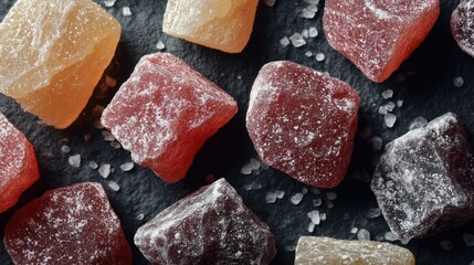 Colorful cubes of candy rest on a dark stone surface. Fine salt crystals are scattered nearby adding to the presentation of a sweet treat. Different flavors and colors create a fun display.