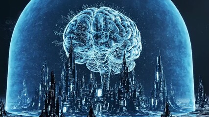 A futuristic cityscape with a glowing blue dome and a brain-like structure emitting electricity