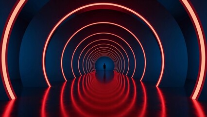 Solitary figure standing at the end of a futuristic neon illuminated circular tunnel leading towards a mysterious blue light