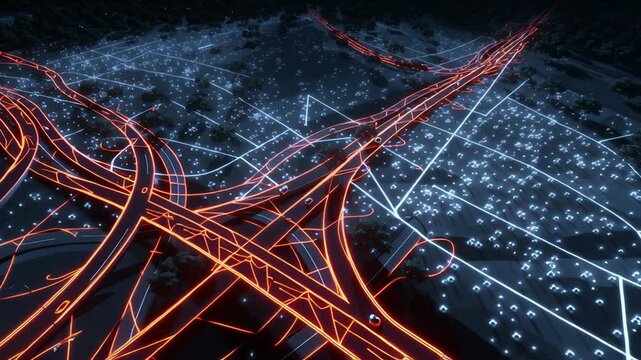 A city street with a lot of traffic and a lot of lights. Ai traffic prediction system, flowing road patterns, subtle glowing data paths, uncluttered visual design, powered management