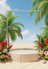 Fototapeta premium Beige Stone Podium Display with Tropical Flowers and Palm Trees