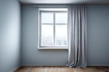 Fototapeta premium A window with gray curtains overlooks a hazy urban landscape.