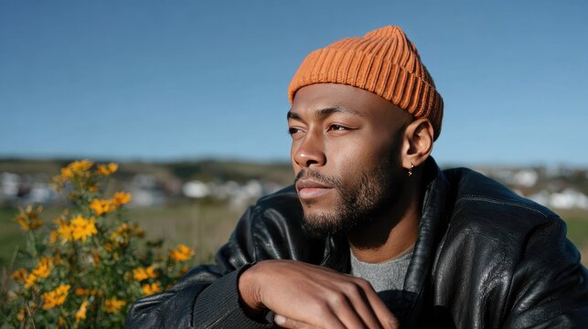 Man in Contemplation: Portrait of a thoughtful man, gazing into the distance, with a look of deep reflection, he wears a beanie, and is surrounded by a natural setting. 
