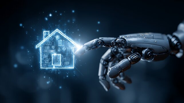 Robotic hand interacting with a glowing house symbol, representing smart home technology - Powered by Adobe