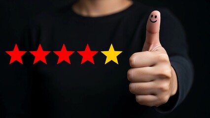 Customer service representative expresses satisfaction with a four out of five star rating indicated by a thumbs up gesture