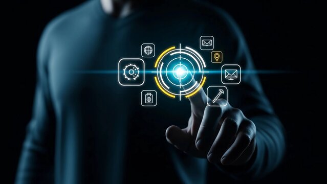 Businessman interacting with a digital futuristic interface featuring multiple abstract icons representing connectivity and technical services on a dark background - Powered by Adobe
