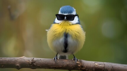 A round, fluffy blue and yellow bird perched on a branch, wearing miniature black sunglasses against a soft, blurred green background.