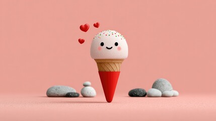 Ice Cream Delight: An adorable ice cream cone with a smiling face, adorned with sprinkles and heart-shaped accents, stands ready to bring joy.