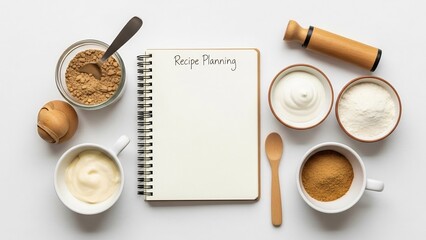 Recipe planning concept with blank notebook and baking ingredients on white background