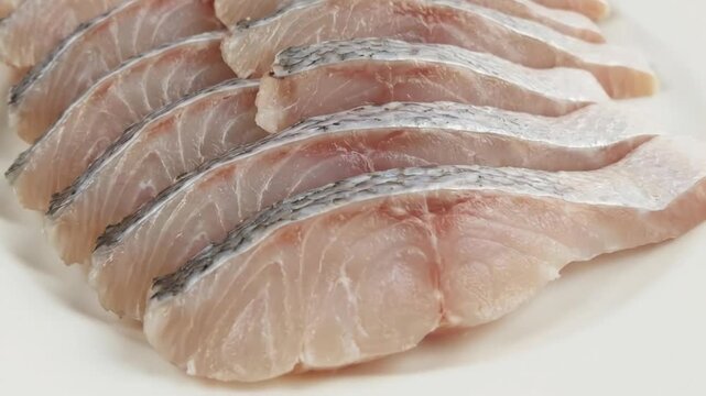 A close-up view showcases multiple fresh, raw fish fillets, meticulously arranged on a clean white surface, highlighting their delicate pinkish-white flesh and natural texture. The silvery scales alon