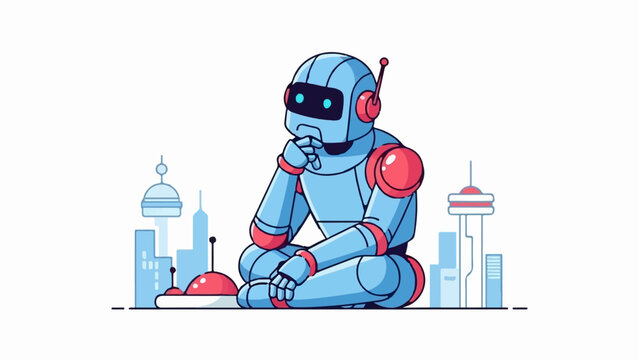 A thoughtful blue robot sits cross-legged before a stylized cityscape