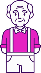 Obraz premium A stylized, purple-outlined illustration of an elderly man wearing a pink shirt and suspenders