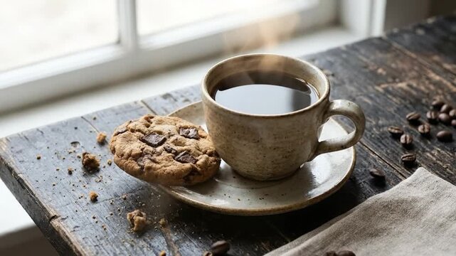 A comforting close-up shot captures a steaming hot beverage in a rustic ceramic mug, resting on a matching saucer. Beside it, a delectable chocolate chip cookie, generously sprinkled with chocolate ch