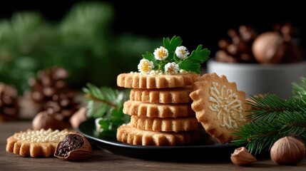 Festive Delights: An enticing stack of decorated cookies graces a dark surface. The scene is festooned with seasonal touches, evoking warmth and the spirit of celebration.
