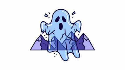 Obraz premium A startled, light blue ghost emerges from behind purple mountains