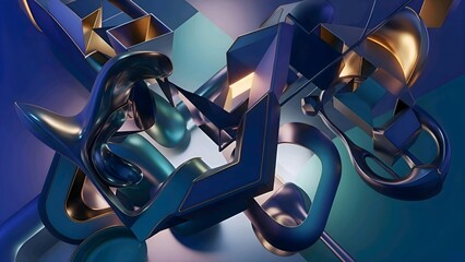 Digital 3D artwork featuring interwoven glossy blue and teal geometric forms with metallic gold accents, set against a gradient background. The dynamic, layered composition creates a sleek, futuristic