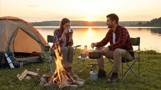 A couple enjoys a beautiful sunset while camping beside a serene lake. They are comfortably seated in folding chairs near a glowing campfire, with a tent pitched nearby. The woman sips from a metal mu