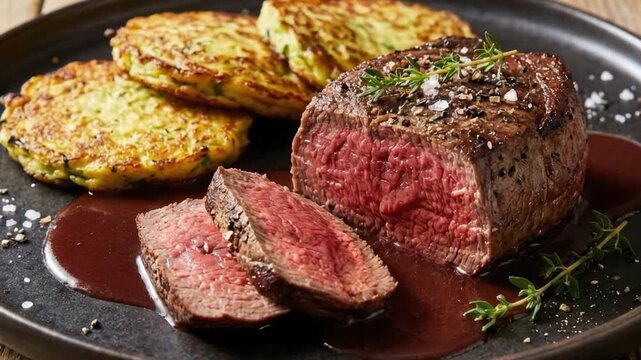 A delectable close-up captures a beautifully prepared main course, featuring a succulent, perfectly seared and sliced beef steak. The rich, red interior of the meat is highlighted, indicating ideal do